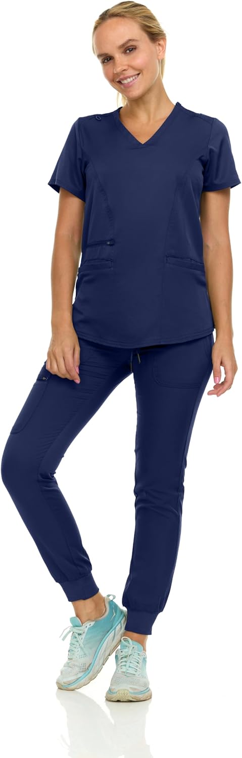 MediChic Scrubs for Women's V-Neck Scrub Set with Six Pocket Ribbed Cargo Jogger Pants with 4-Way Stretch