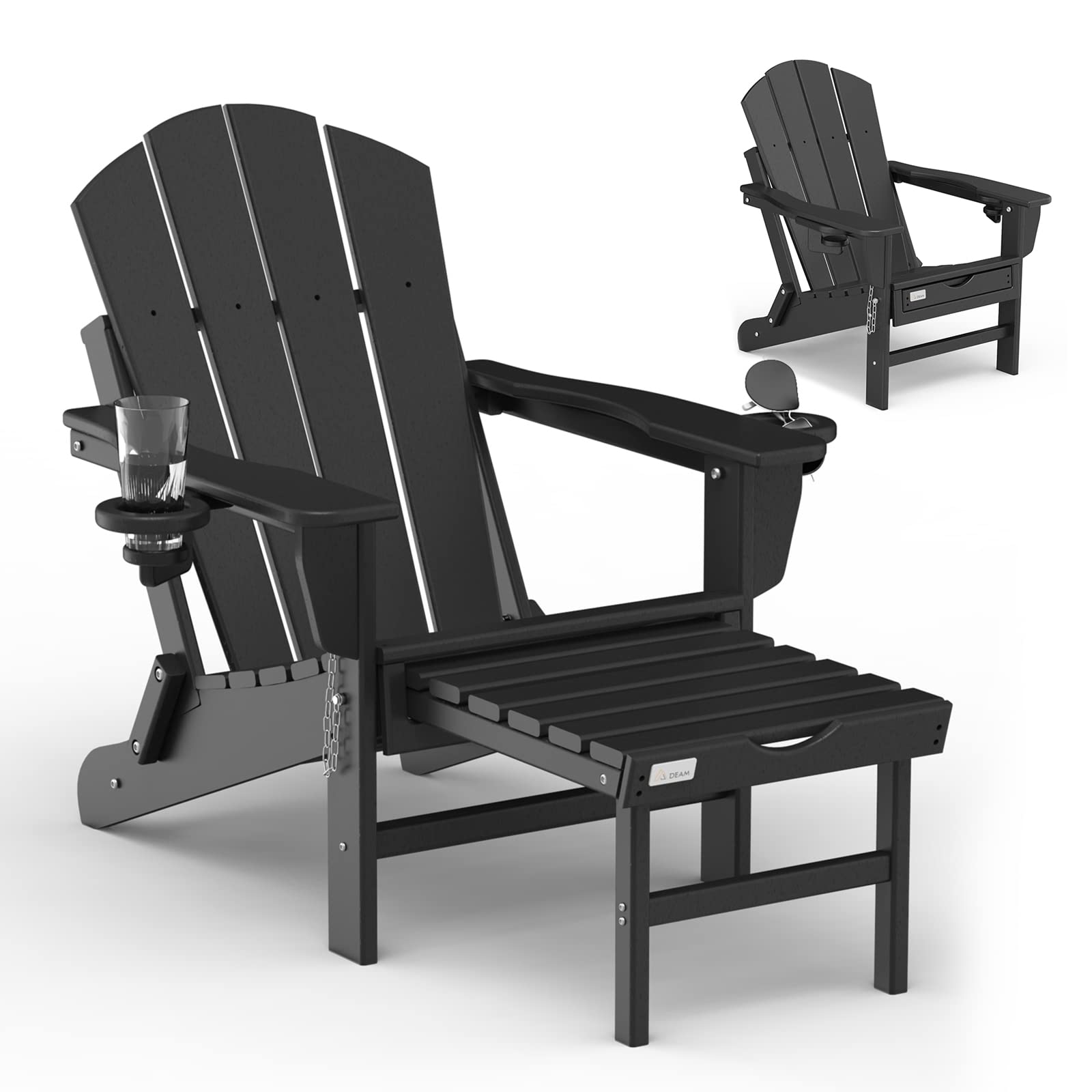MdeamFolding Adirondack Chair Lawn Outdoor Fire Pit Chair Adirondack Chair Weather Resistant with 2 Cup Holder/Adirondack Retractable Ottoman（Black）