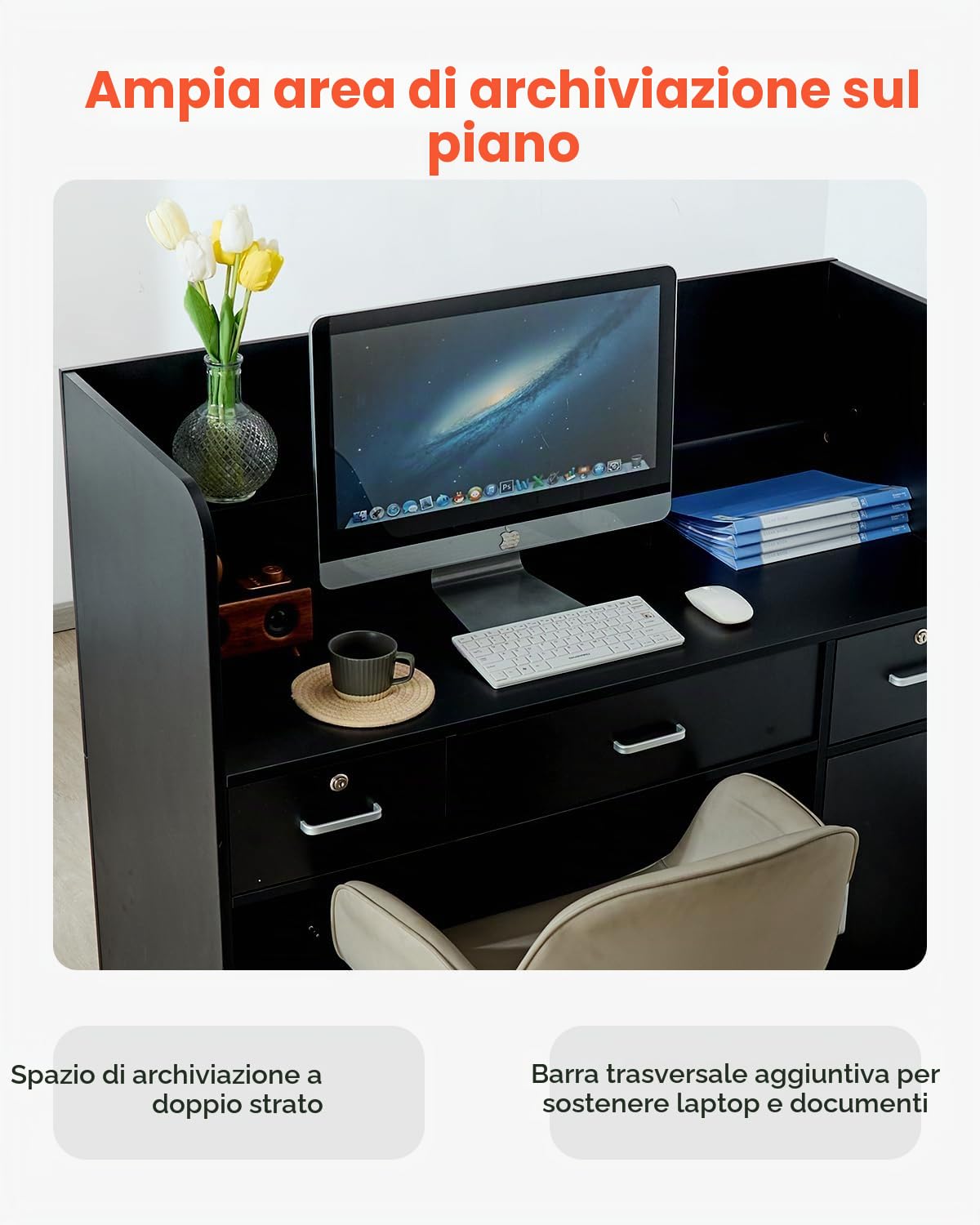 VEVOR Banco Reception 1200 x 480 x 1100 mm Tavolo da Banco Rettangolare, Tavolo di Vendita per Ufficio con Cassetto Chiudibile a Chiave e Armadietto Portaoggetti, per Cassa, Salone di Bellezza, Nero