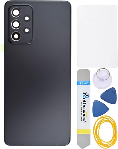 Impresionante cubierta de panel trasero de plástico negro reemplazo para Samsung Galaxy A52 con marco de cámara trasera cubierta de vidrio