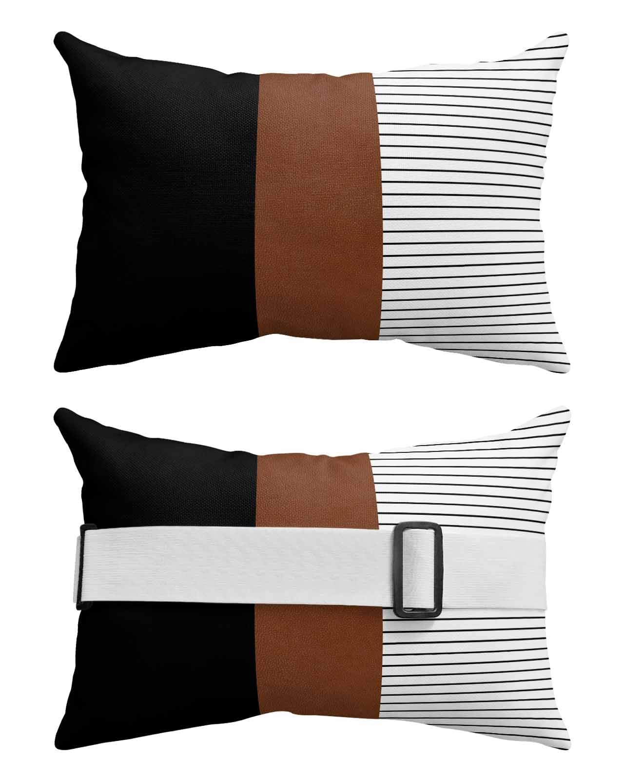 Outdoor Pillows Covers with Inserts Boho Brown and Black Striped Tribal Farmhouse Style Waterproof Pillow with Adjustable Strap Throw Pillows for Patio Furniture Pool Lounge Chair, 12x20 Inch, 2PCS