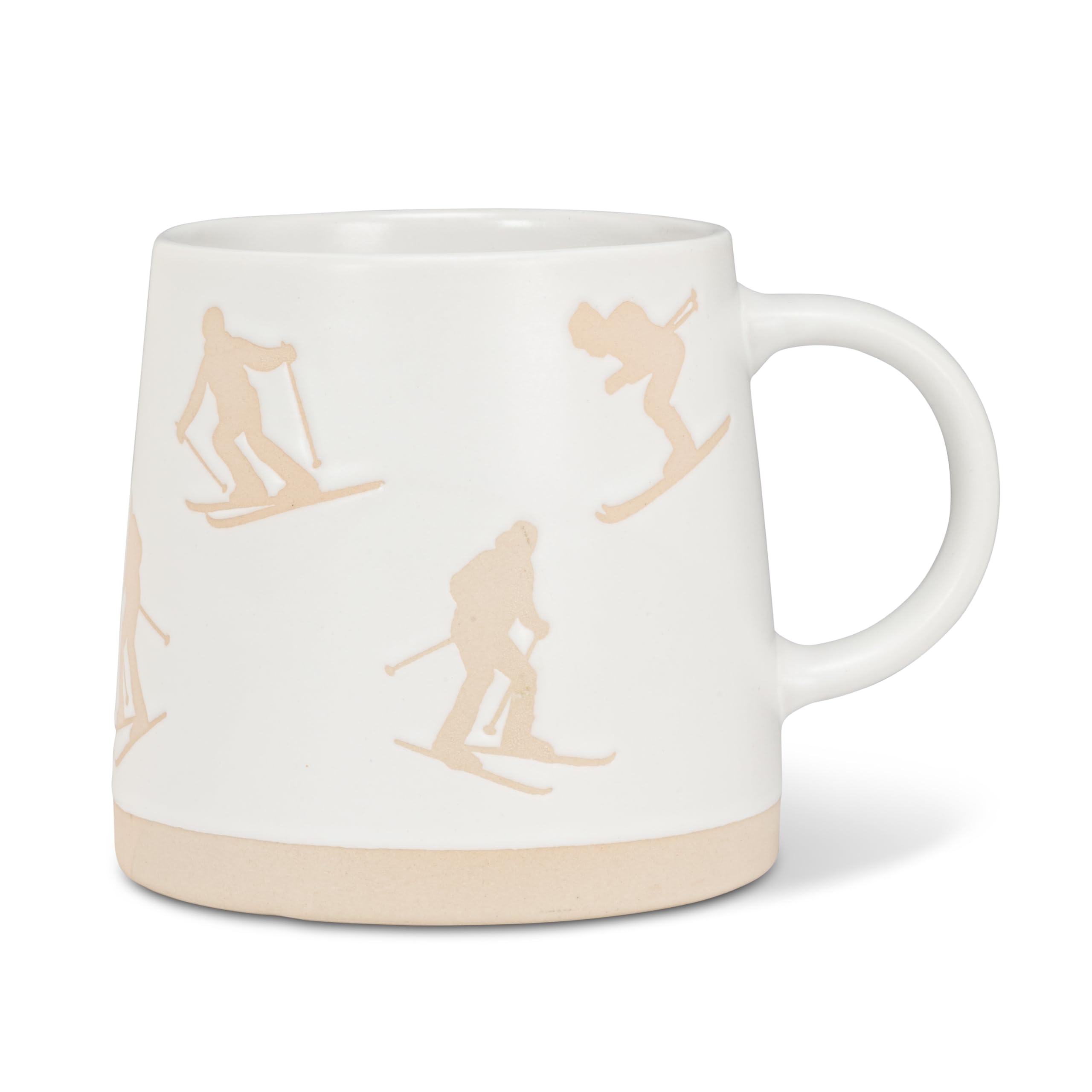Abbott Collection Wide Base Mug with Skiers - Stoneware Coffee Cup, White/Ivory, 3.5 inches H (14oz)