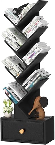 Miniatura 9 de Estantería pequeña con cajón, estantería de 4 niveles en forma de árbol en color negro, estantería de escritorio de madera, estanterías modernas de