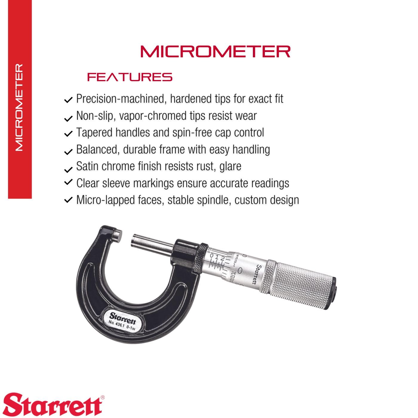 Starrett Outside Micrometer with Friction Thimble, Lock Nut, and Carbide Faces - Quick and Easy Adjustment, 0-1"Range, .0001" Graduation - T436.1XFL-1 W/SLC