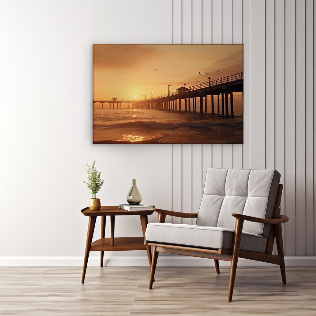 Canvas for Living room. Sunset Serenity: A Journey Along the Dark Pier Embraced by Warm Ocean Hues, 27 x 18 inch Canvas Wall Art - Contemporary Masterpieces - Modern Home Decor - 69x46 cm (27x18 inch)