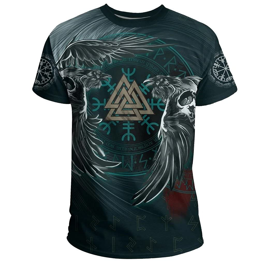 Fandao Odin Crow Mythology 3D Print Round O-Neck Viking T-Shirt, Short Sleeve Top, Sport Clothes, Valknut Rune Raven, Helm of Awe,Green,6XL