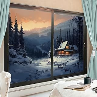 Snow Mountain Chalet Stained Glass Window Film Vintage Bright Forest Farmhouse Privacy Window Film Glass Door Covering Non-Adhesive Window Stickers for Room Kitchen 35.4Wx63L-inch x2 Pcs