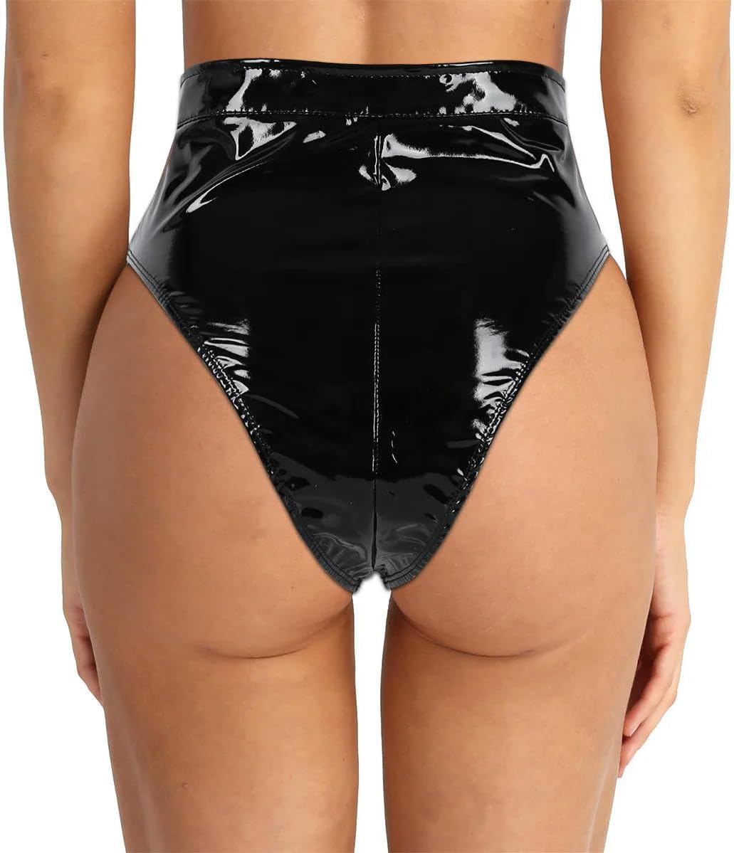 Womens PVC Leather Booty Shorts Zipper Crotch Belted High Waist Knickers Underwear Dance Bottom Clubwear Black
