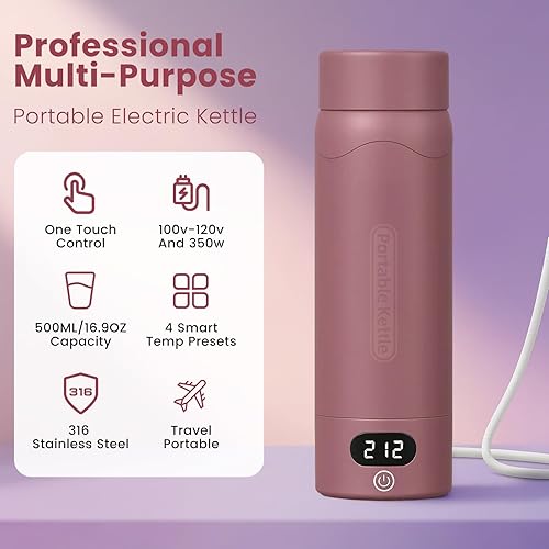 Miniatura 3 de Hervidor eléctrico de viaje, mini tetera portátil, acero inoxidable 316, 16.91 onzas, pequeña caldera de agua caliente con 4 ajustes de temperatura,