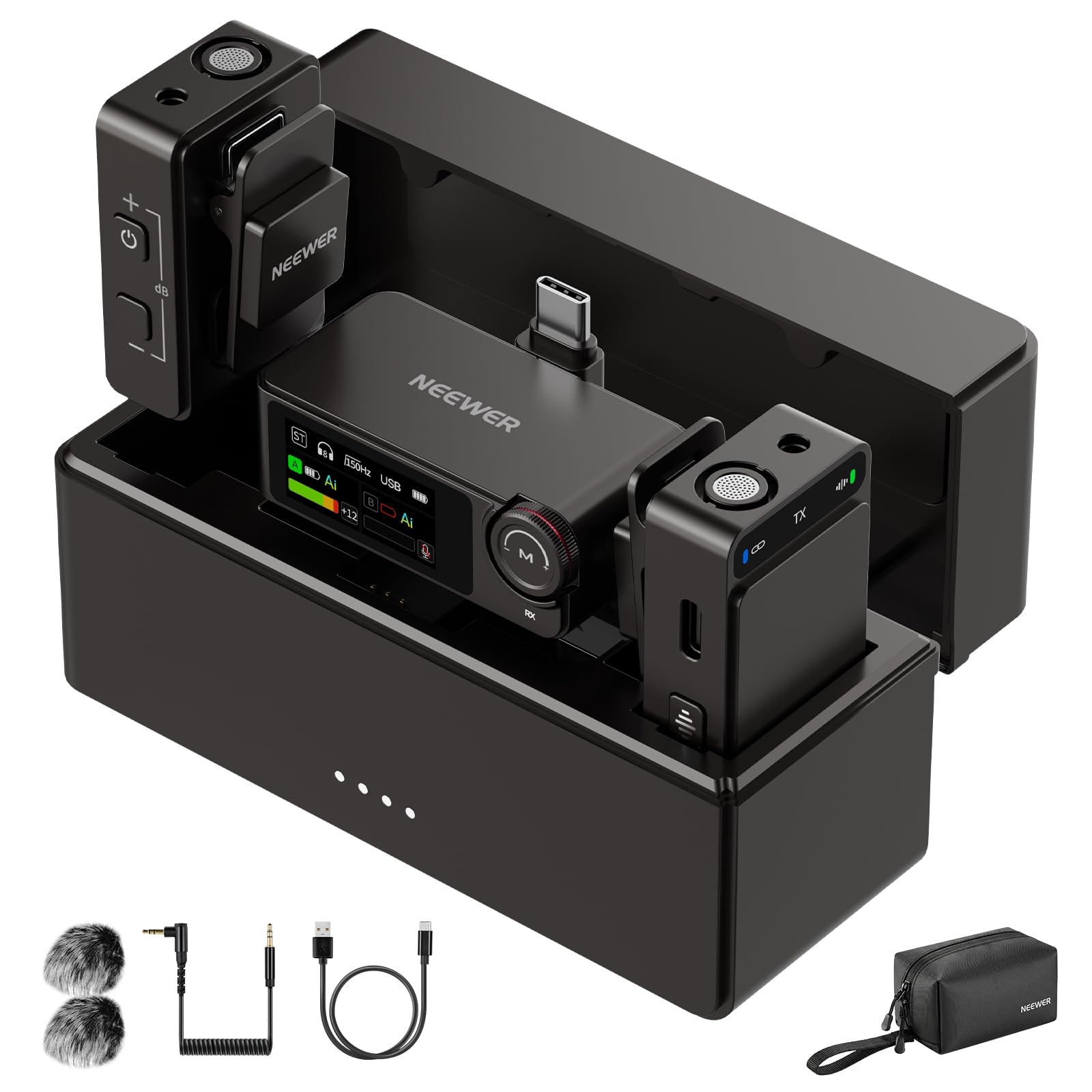 NEEWER CM36 bezprzewodowy mikrofon krawatowy z etui ładującym, sterowanie aplikacją, redukcja szumów AI, 48 kHz/24 bit, 85 dB SNR, bateria 54H, zasięg 100 m, mini mikrofon Lav do iPhone'a, telefonu z