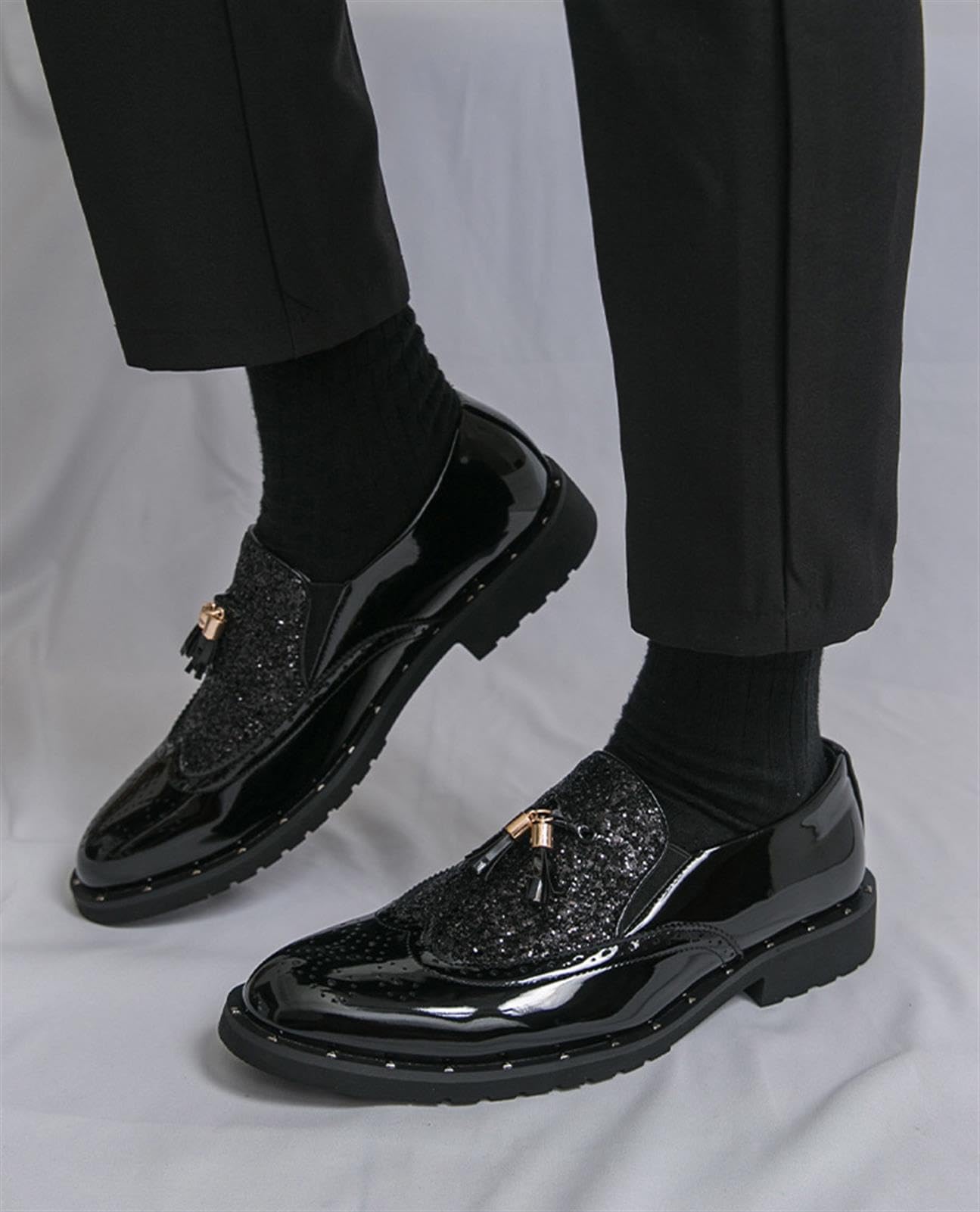 Mocasines de Charol con Purpurina para Hombre Zapatos de Vestir con Borlas Estilo Brogue Brillantes para Boda Fiesta