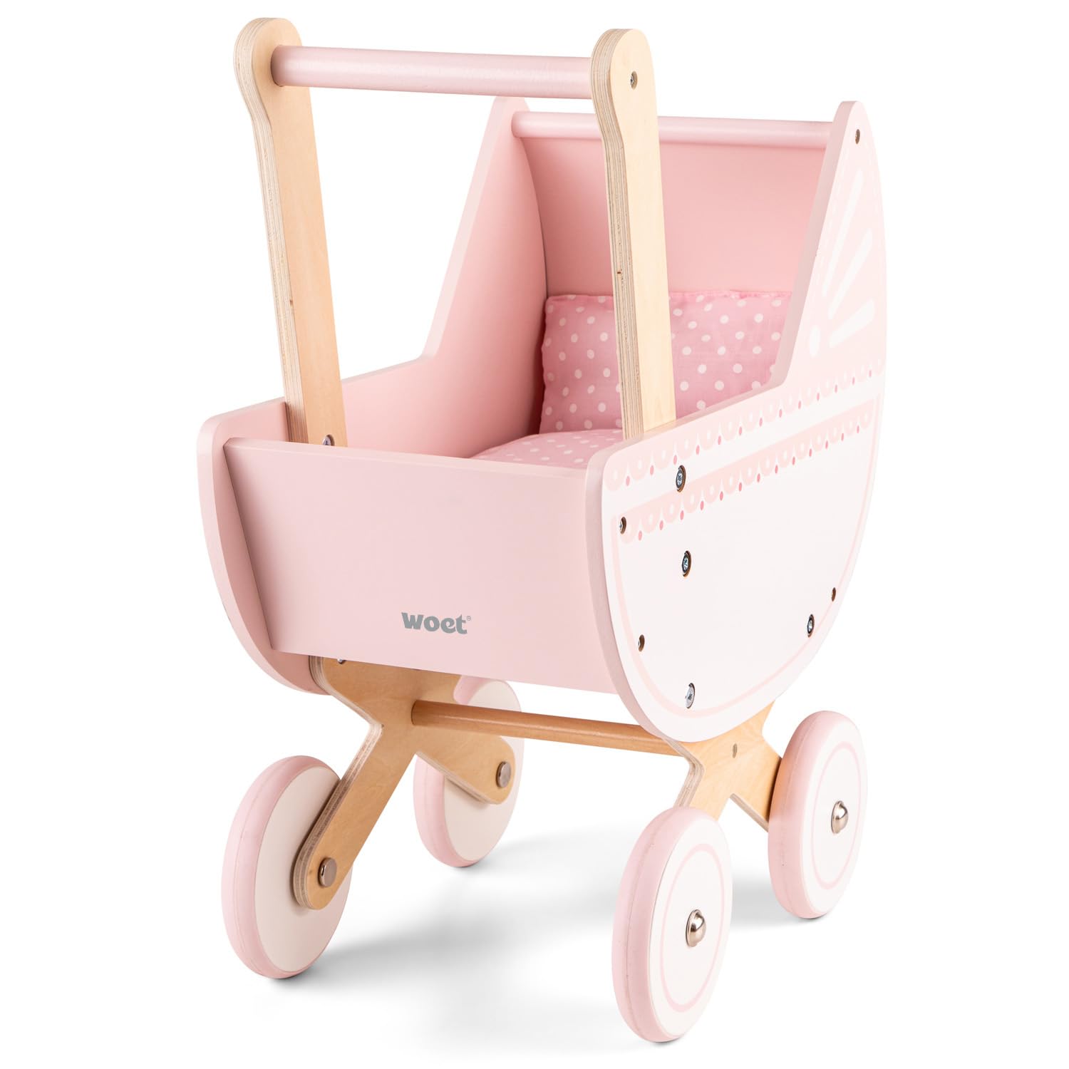 Woet® Pink Wooden Toy Doll Pram for Kids - With Bedding Set Included - Fits Dolls up to 43 cm - Pretend Play Toy - Age 3 Years+