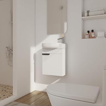 16" Small Bathroom Vanity with Oval Ceramic Sink Basin Top, Modern Floating Wall Mounted Cabinet with Soft Close Door, Gloss White