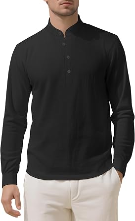 2026 Summer Linen Shirts for Men Casual Long Sleeve Henley Shirts 4 Button T-Shirts Stylish Beach Vacation Outfits
