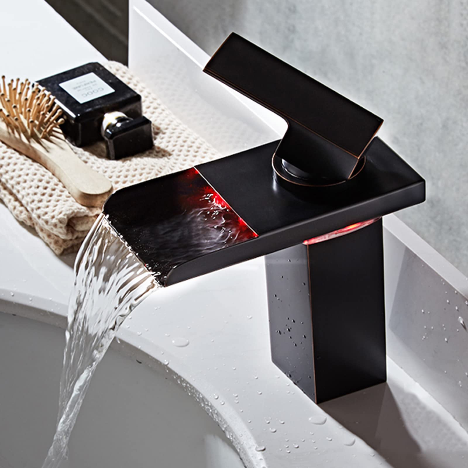 Rubinetto Lavabo A Cascata Con Luce LED Che Cambia Colore, Miscelatore Monocomando, Oro E Bianco - 2