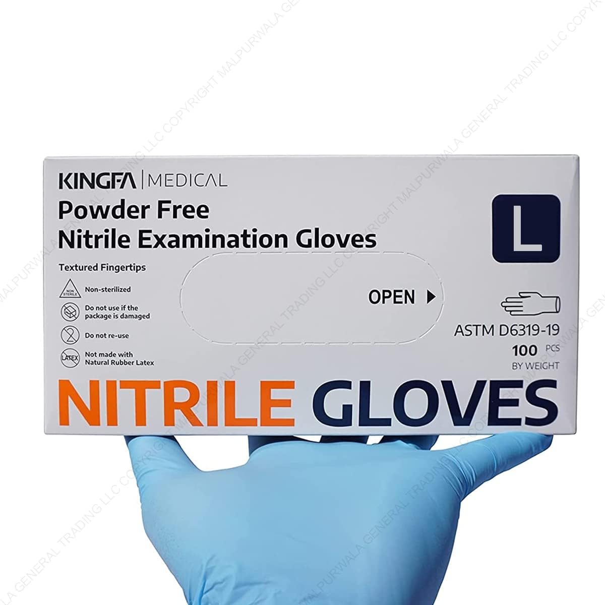 Kingfa Nitrile Examination Gloves, Pack of 100 Gloves - Premium quality Powder Free, Ambidextrous, Non-Sterile, Disposable, Food Safe, Standard Blue Color