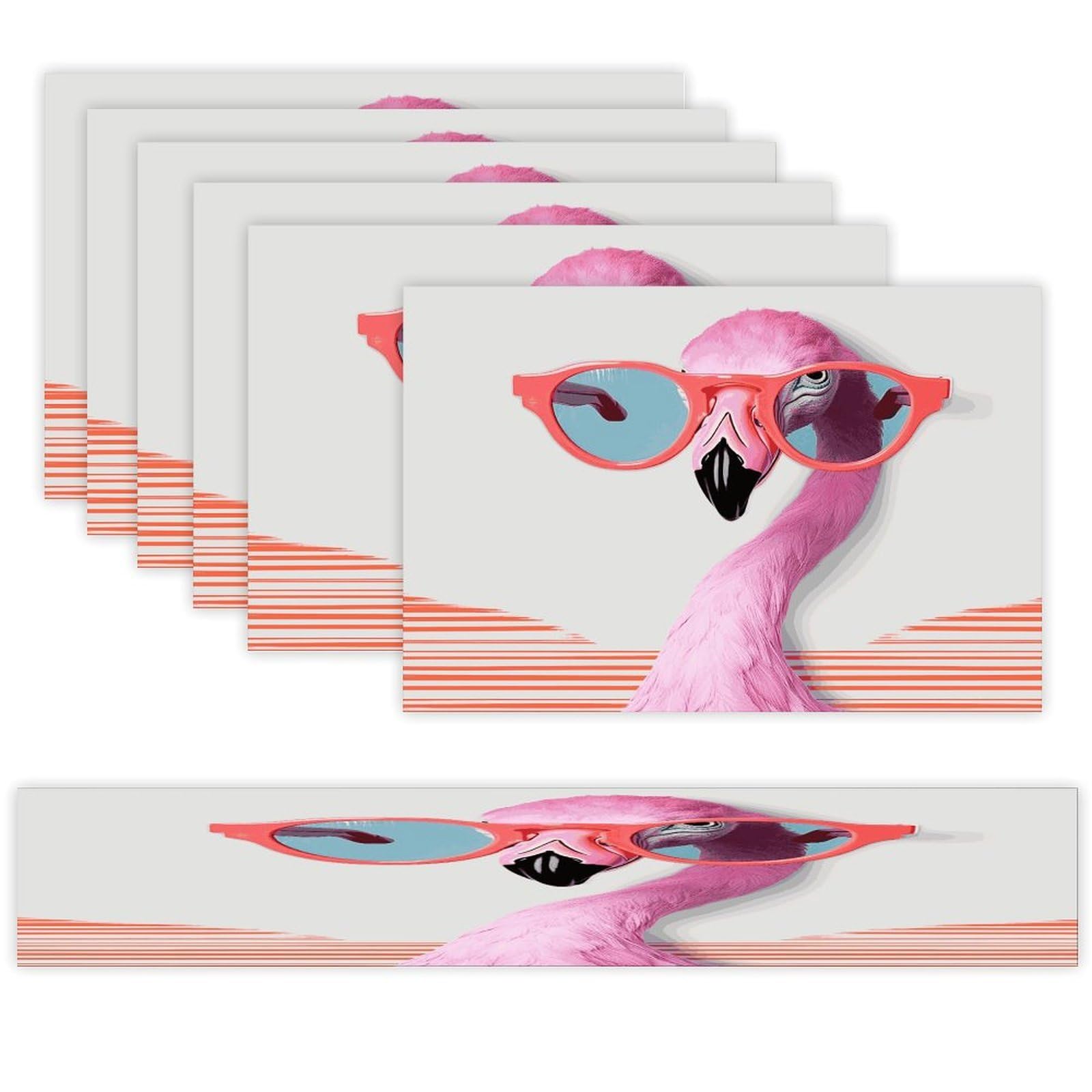 Hello Glasses Flamingo Table Runner and Placemats Set of 6 Modern Art Table Runners Table Mats Heat Resistant Non-Slip Place Mats Washable Linen Dining Mat Sets for Kitchen