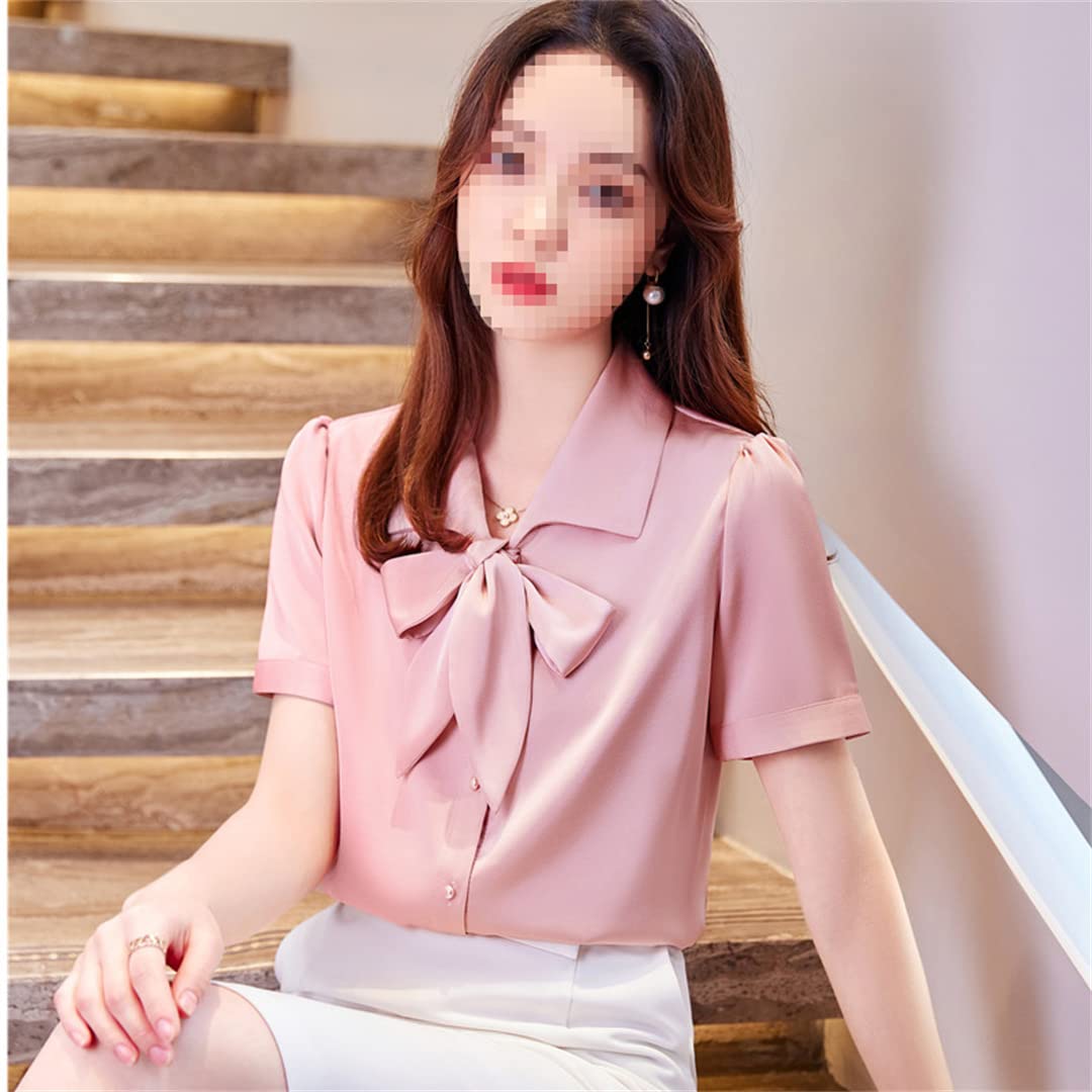 Camisa con Lazo para Mujer, Blusa Rosa de Manga Corta de Verano de Gasa, Blusas de Acetato, Camisa de Trabajo Holgada Informal para Mujer de Oficina