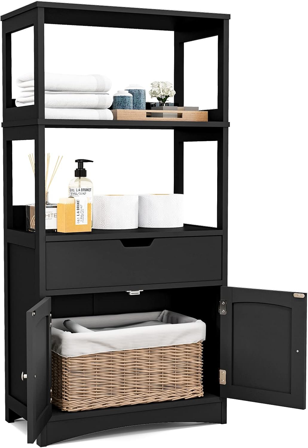 GLACER Large Bathroom Floor Cabinet, Freestanding Multipurpose Storage Cabinet with Drawer, 2 Open Shelves and Cupboard, Excellent for Bathroom, Kitchen or Living Room, 24 x 13 x 48 inches (Black)