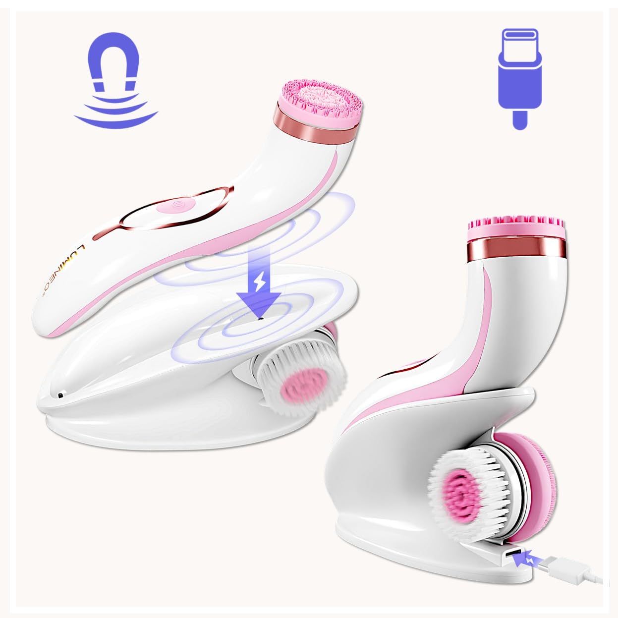 Lumineo PRO pulizia profonda del viso, spazzola per il viso con 4 accessori, USB-C, impermeabile IPX6, con gel detergente abbinato per pelli sensibili (rosa)