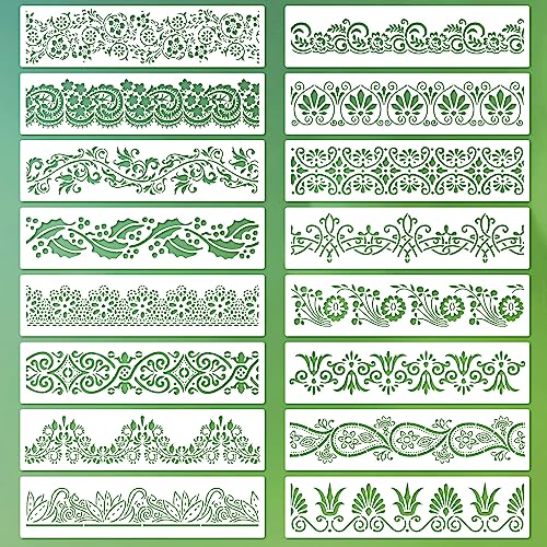 Ctosree 16 Pcs Flower Border Stencil Flower Stencil Template Reusable DIY Art and Craft Cake Decorating Templates Floral Edge Baking Tool for Crafts Painting on Wood, Canvas Paper, Fabric, 3 x 12 Inch