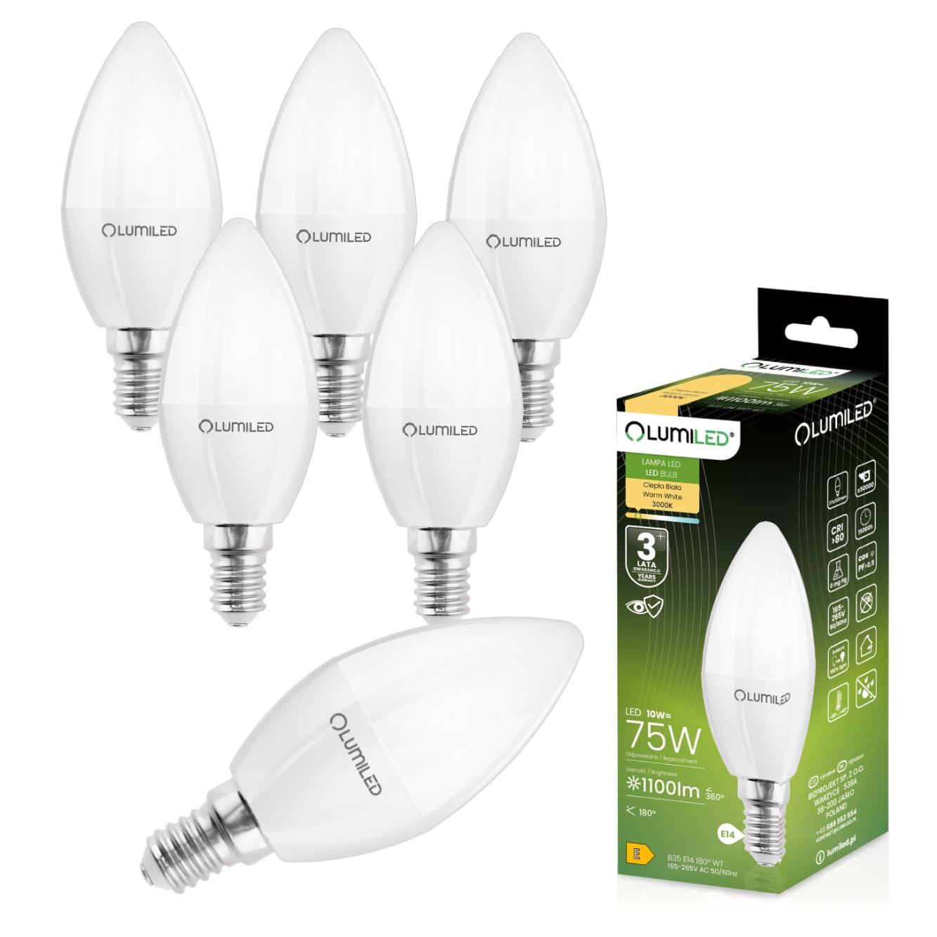 Lumiled LED E14 Kerzenlampe ersetzt 75W 230V 1100lm Warmweiß für Kronleuchter und Deckenlampe – 6er Pack  
Lumiled 10W L