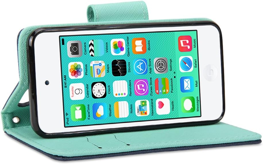 iPod Touch 6 Case, GMYLE Wallet Case Classic for iPod Touch 6th Generation - Navy Blue & Mint Green PU Leather Slim Stand Case Cover