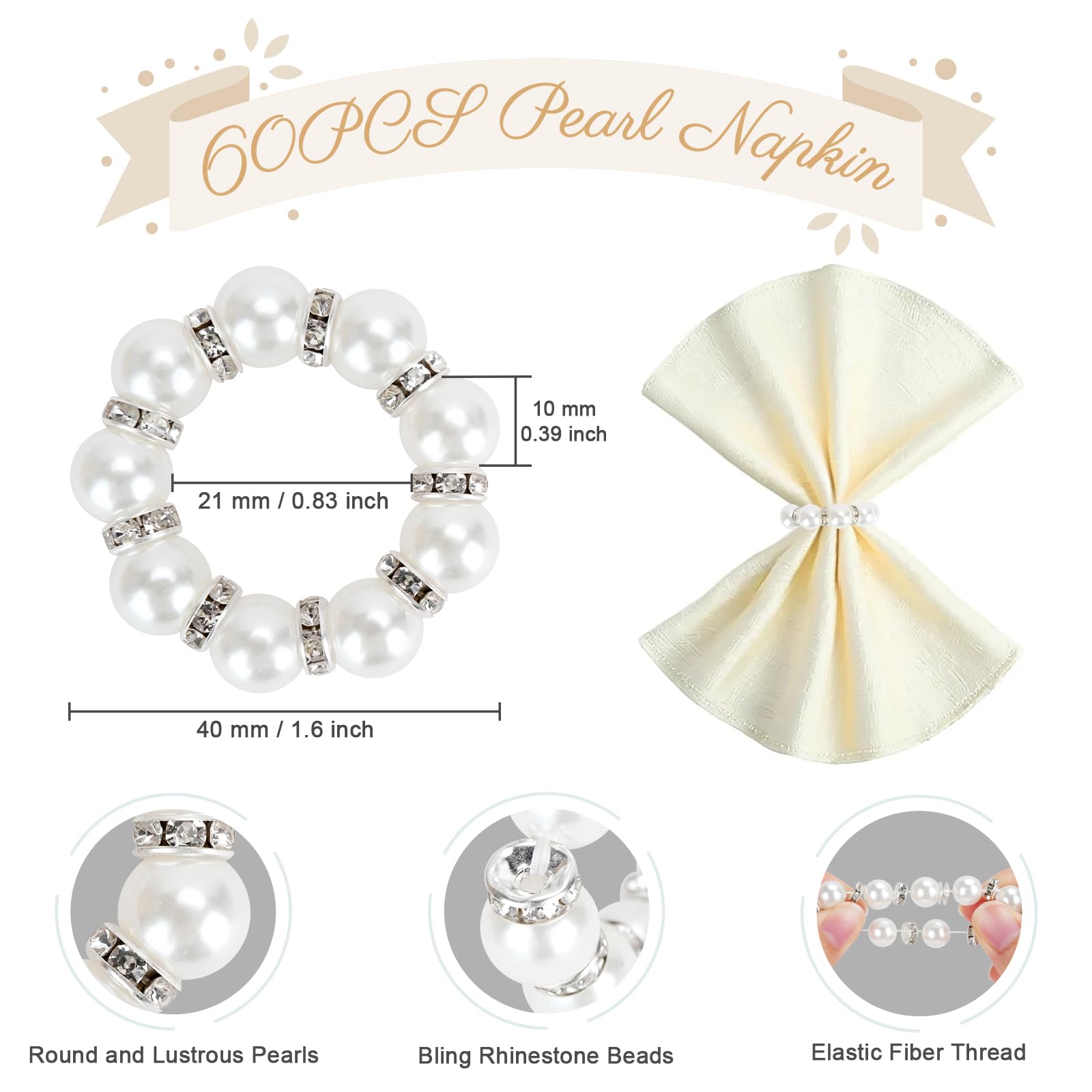 Anelli portatovaglioli con perle, 60 pezzi, con fibbie, tovaglioli, anelli allungati, con strass, portatovaglioli, fermagli per tovaglioli, decorazione da tavolo per cene, matrimoni, banchetti e feste