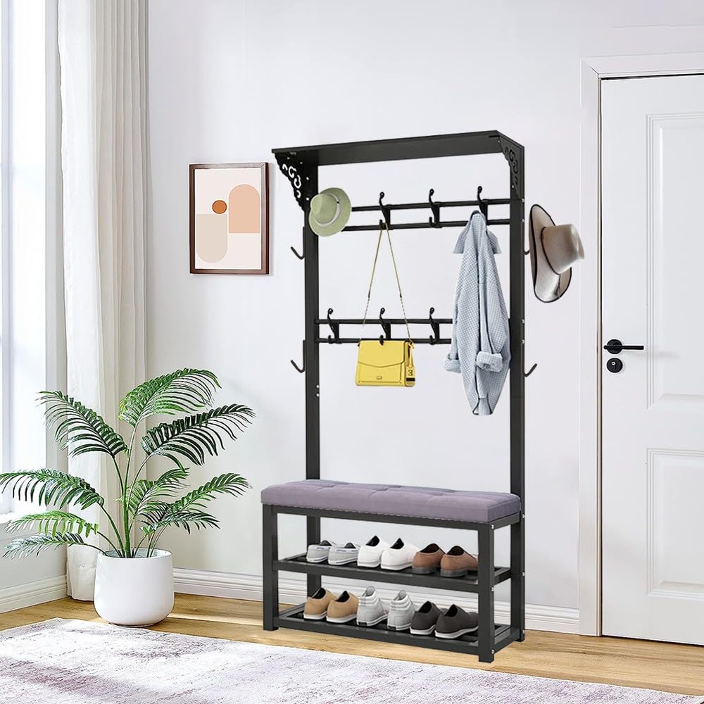 MYUYEE Metal Coat Stand With Shoe Racks And Hooks Industrial Hall Tree With Bench Free Standing Coat Rack Stand H:172Cm For Entryway Hallway Living Room Bedroom(B-100Cm)