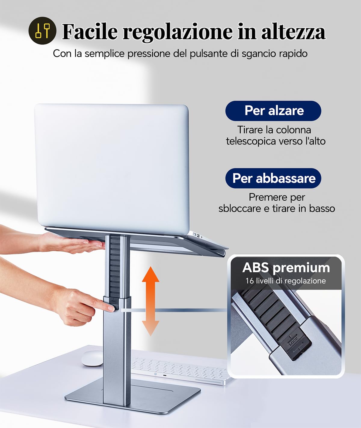 supporto pc portatile, supporto computer da seduti e in piedi, 16 livelli di altezza, standing desk converter, supporto pc dj, per portatile da 13" a 16,5", grigio