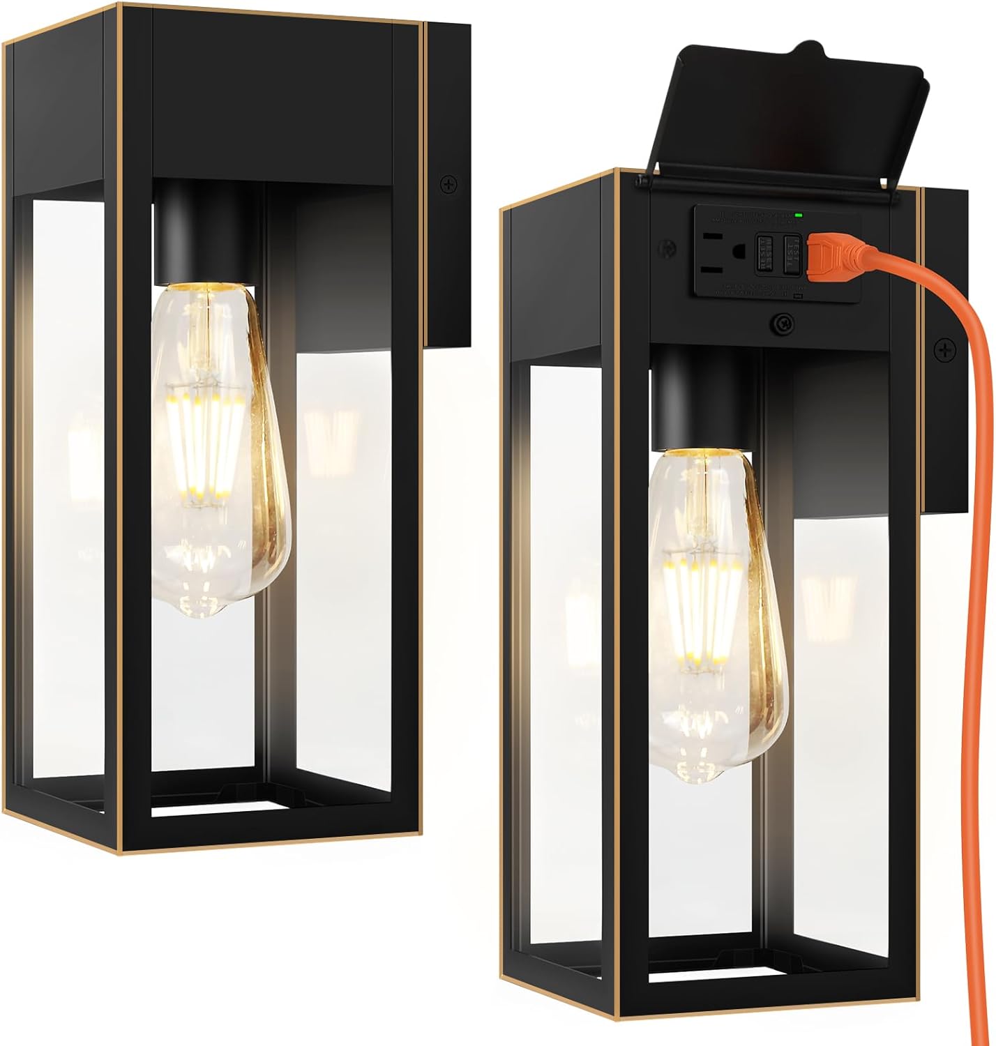 2 Pack Porch Lights Outdoor Wall Sconce, Outdoor Light with GFCI Outlet, Waterproof Exterior Wall Lantern Light Fixtures, Anti-Rust Wall Lamp for Patio Doorway Garage- Black (Gold Trim)