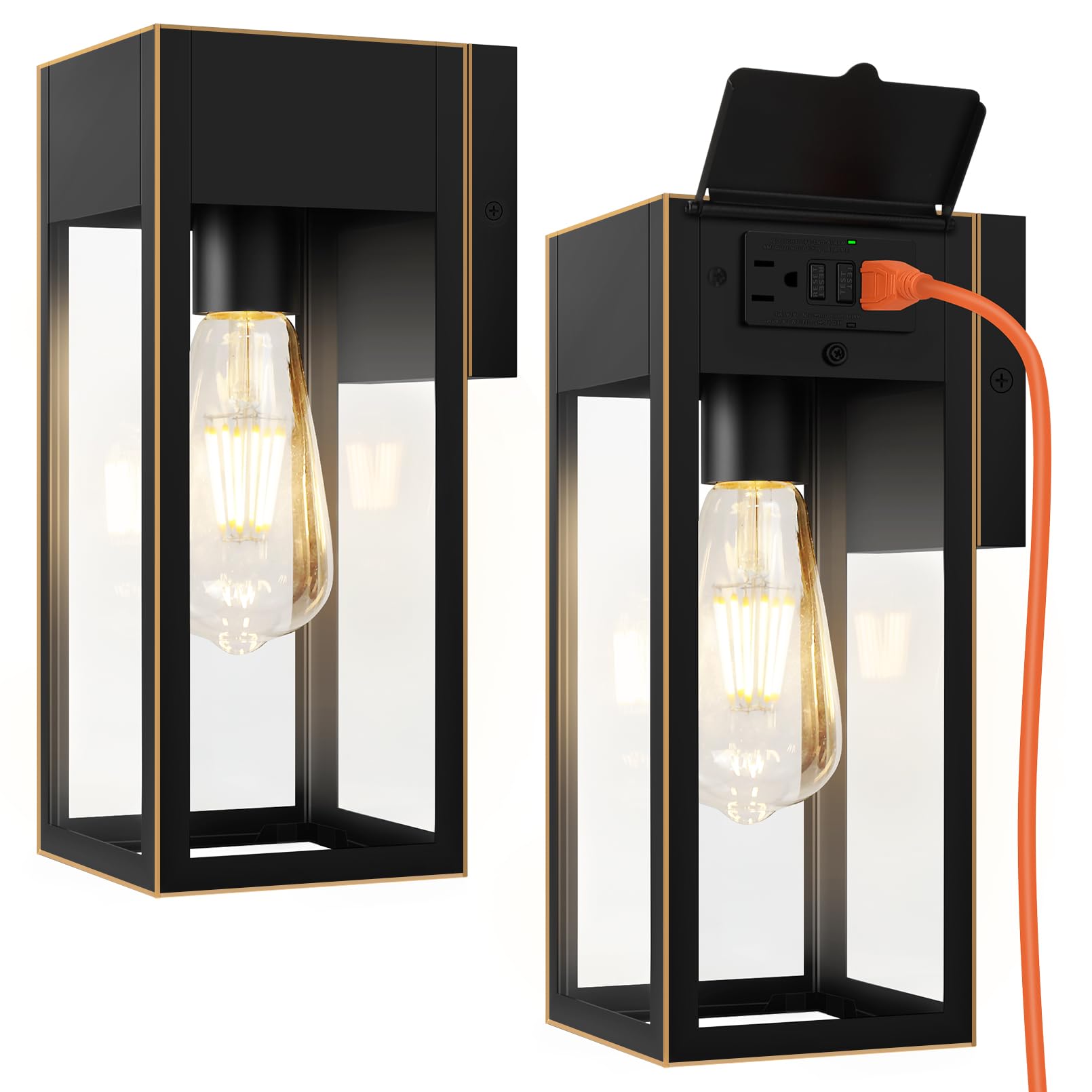 OYKYOHEI 2 Pack Porch Lights Outdoor Wall Sconce, Outdoor Light with GFCI Outlet, Waterproof Exterior Wall Lantern Light Fixtures, Anti-Rust Wall Lamp for Patio Doorway Garage- Black (Gold Trim)