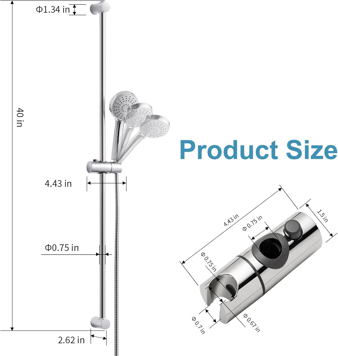 OFFO Shower Slide Bar Combo, Adjustable 39 in Slide Bar with 3-Mode Round Handheld Shower Head and 60 in Stainless Steel Hose, Screw Wall Mounted, Chrome Finish