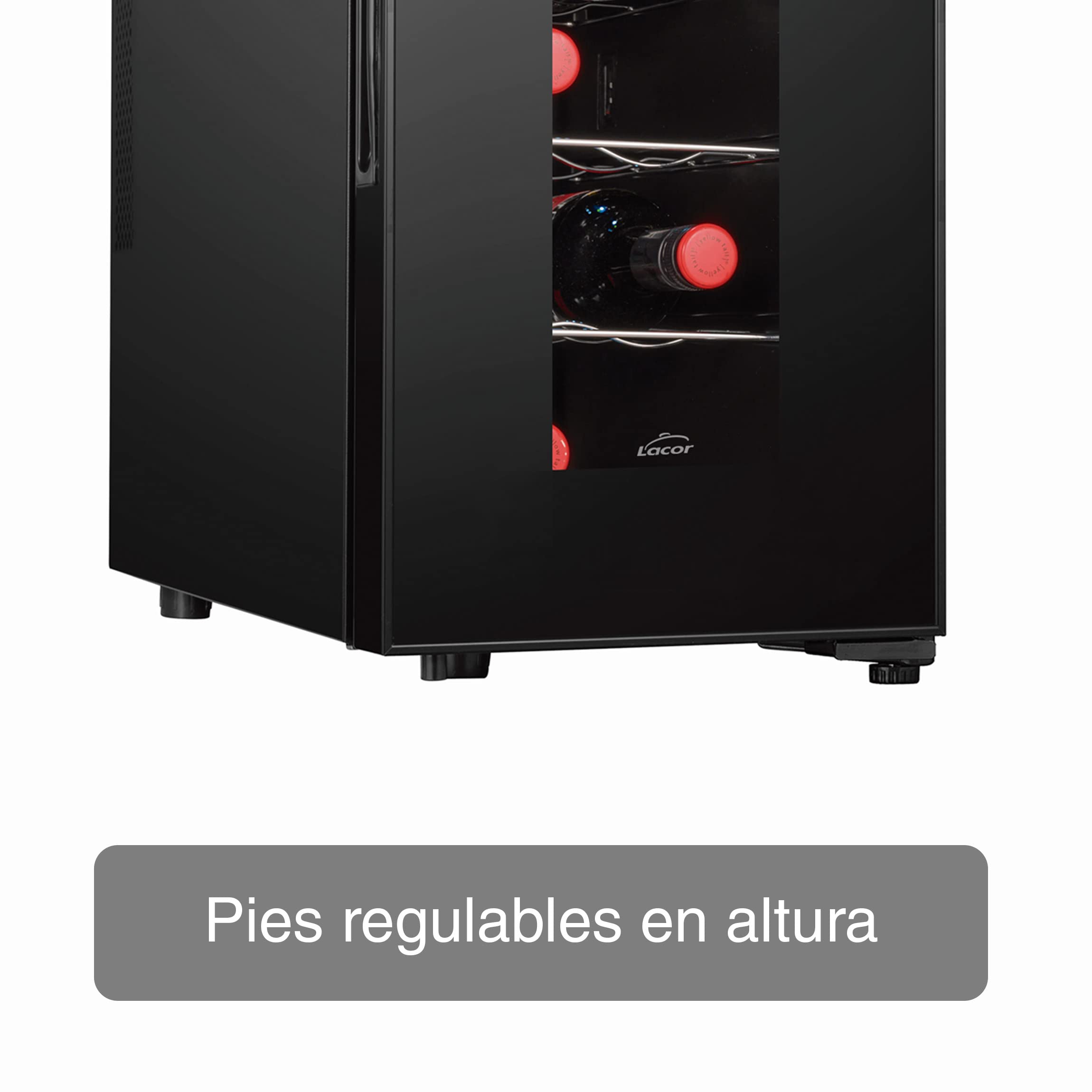 Lacor - 69670 - Vinoteca 8 Botellas, Nevera Vinos, Refrigerador Termoeléctrico, Temperatura Regulable, Estantes Extraíbles, Silencioso, Sistema Antivibratorio, Acero Inoxidable, 26x49,5x48 cm