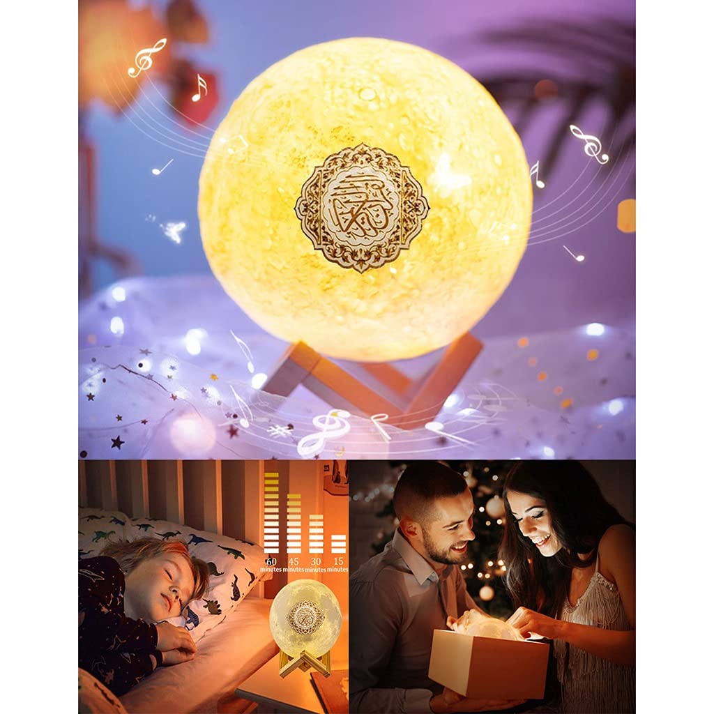 Veilleuse de Lune d'impression 3D avec Support, Contrôle à Distance et Tactile, Rechargeable par USB, Haut-Parleur sans Fil du Coran, Multi Langue