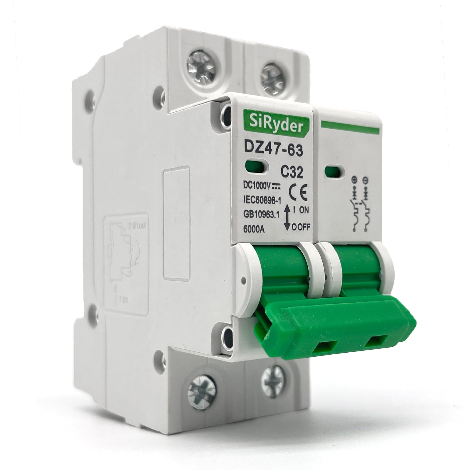 2P Interruttore Magnetotermico 32A DC 1000V,Interruttore Automatico DC Miniaturizza Interruttore Automatico Miniaturizzato Protezione da Sovraccarico e Cortocircuito for Sistema Solare PV