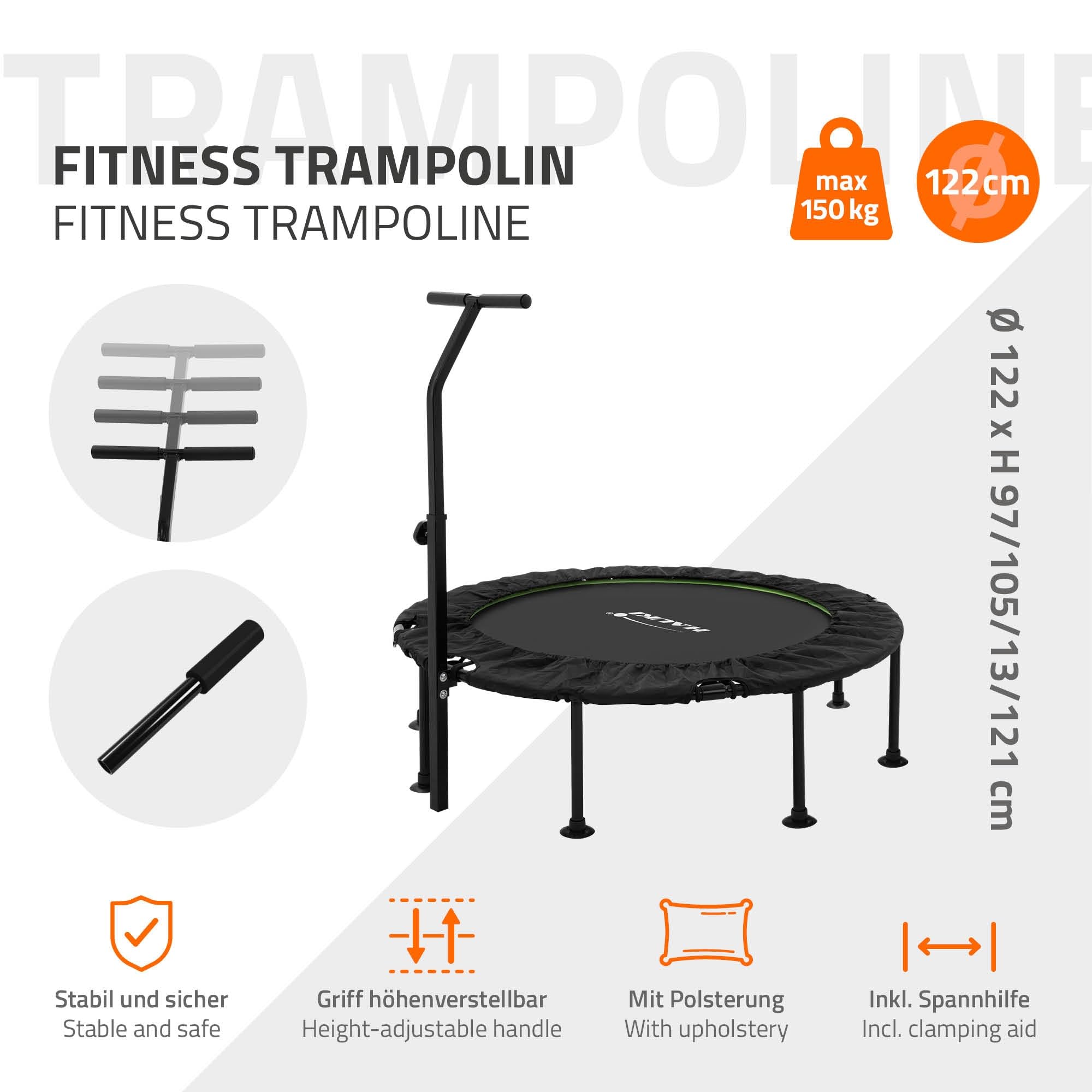 Hauki Trampolino Fitness Indoor con Maniglia Ø102cm/Ø122cm, Regolabile in Altezza, Capacita 150 kg Tappeto Elastico Silenzioso per Adulti, Mini Trampolino con Bungee, Rebounder per Esercizi a Scelta