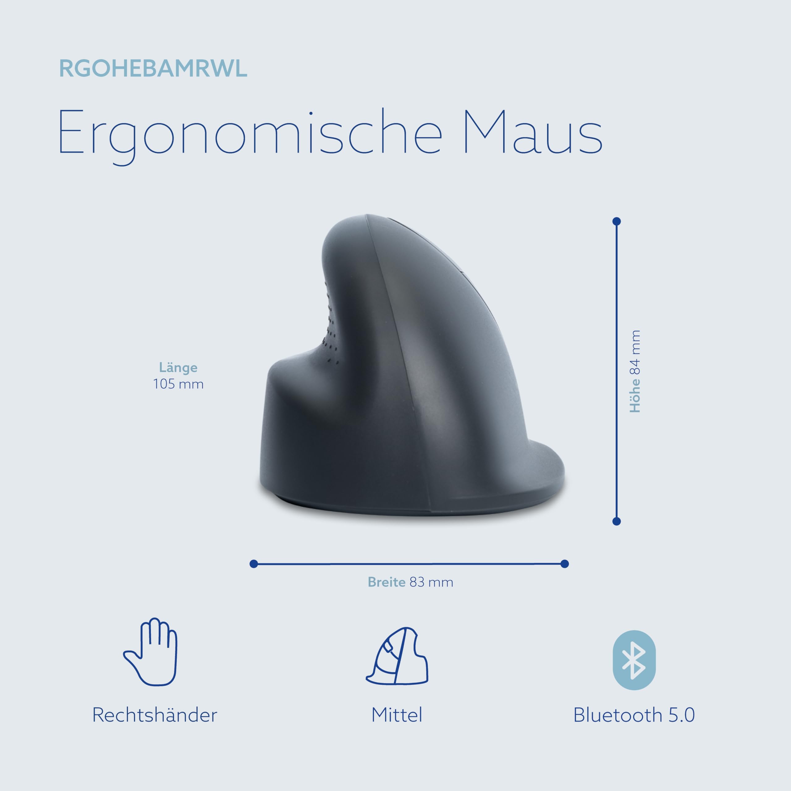 R-Go HE Basic Ergonomische Maus, Bluetooth 5.0, Wiederaufladbare mit Type C/A, Vorbeugung Mausarm/Tennisarm, Vertikale Ergo Maus für Windows/MacOS, 1600DPI und 3 Tasten, Schwarz