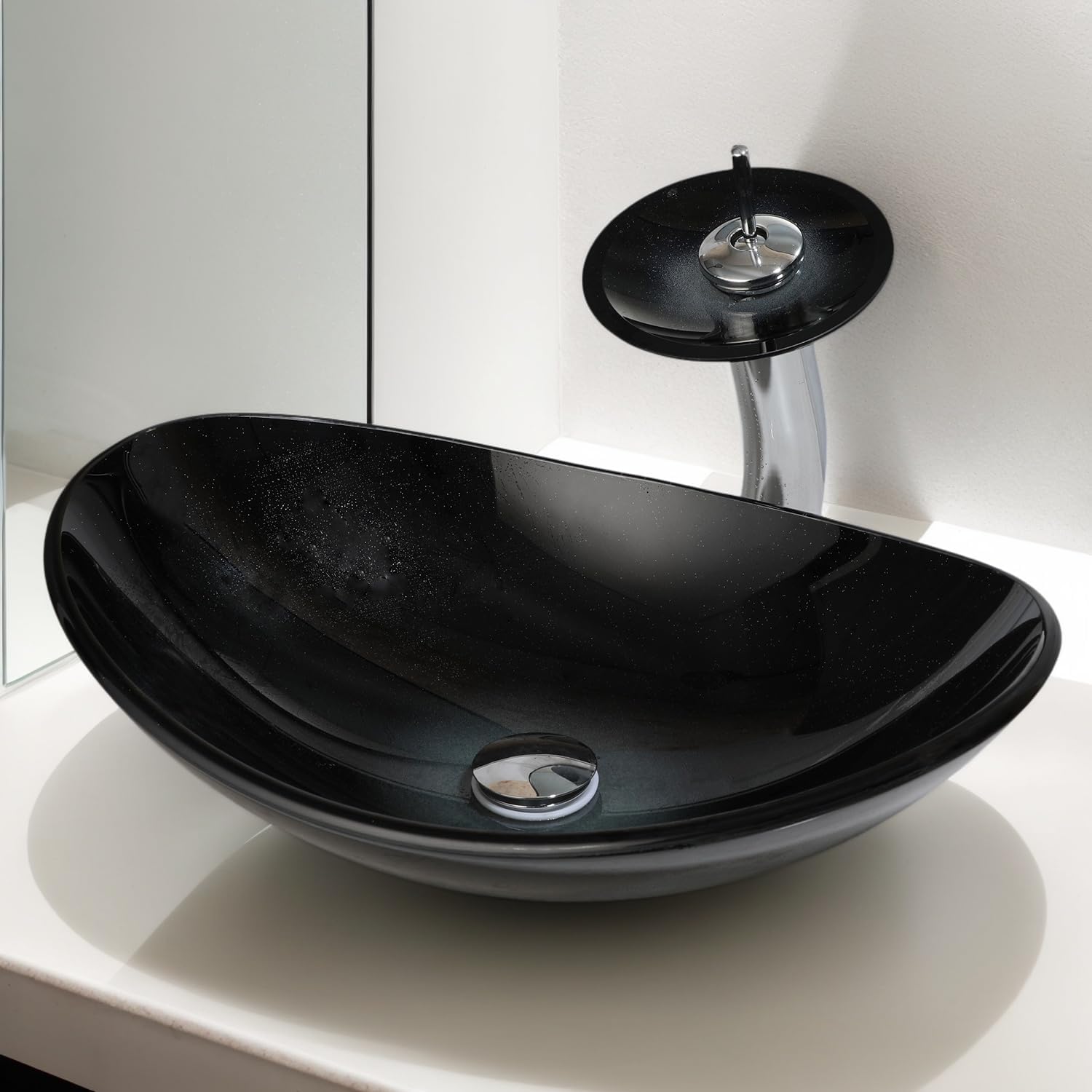 22x14 Inch Oval Glass Vessel Sink for Bathroom with Faucet and Drain Combo, Above Counter Mounted Sink Bowl with Starry Black Gradient