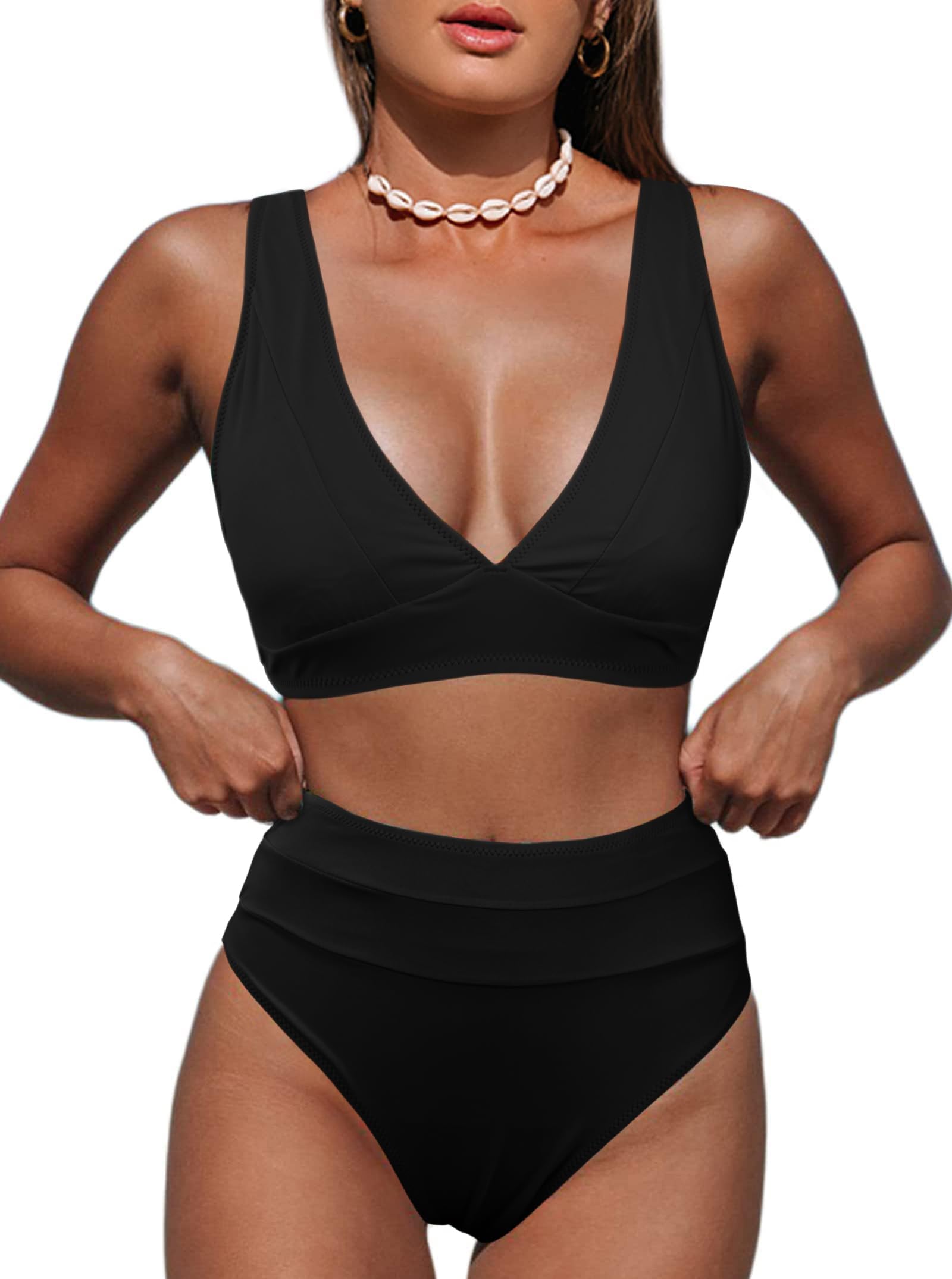 Hilinker Womens Leopard Bikini Swimsuits V Neck High Waisted 2 Piece Bathing Suits