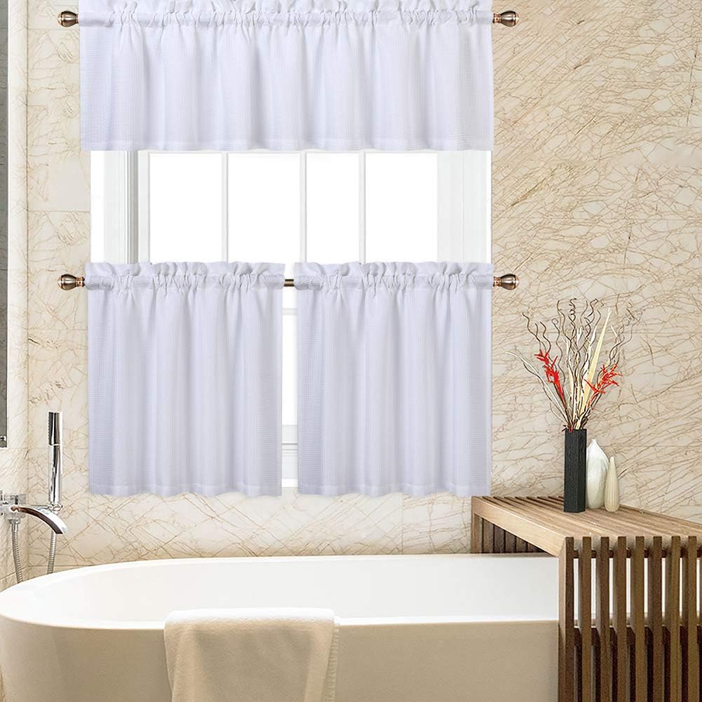 CAROMIO White Kitchen Curtains, 3 Pcs Waffle Woven Texutred