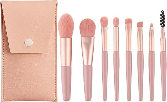 Joyzz Makeup Brush Set, 8PCS Travel Cosmetic Brush Set with PU BagMini Size Portable Soft Makeup Foundation Eyeshadow Facial Eyes Cosmetic Tools for Girls and Women (Coral Pink)