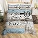 Country Farm Bedding Set Queen For Kids Boys Girls,Windmill Silhouette Duvet Cover Rustic Farmhouse Comforter Cover Patchwork Blue Grey Brown Barn Door Quilt Cover Western Room Decor 2 Pillow Cases