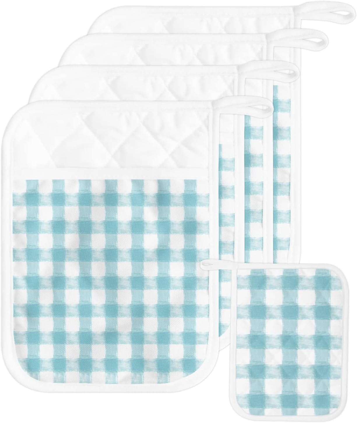 Pot Holders with Pockets, Heat-Resistant Hot Pads for Kitchen, Rural Style Cyan Lattice Oven Mitts Pot Holders Sets Potholders for Baking Cooking Pack of 5