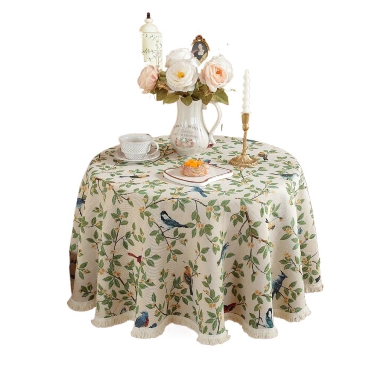 ZNTIHZ Cotton Linen Bedside Table Cover Solid Edge Decor Tablecloth Round For Tea For Furniture Dresser(Green D,Diameter 150cm)