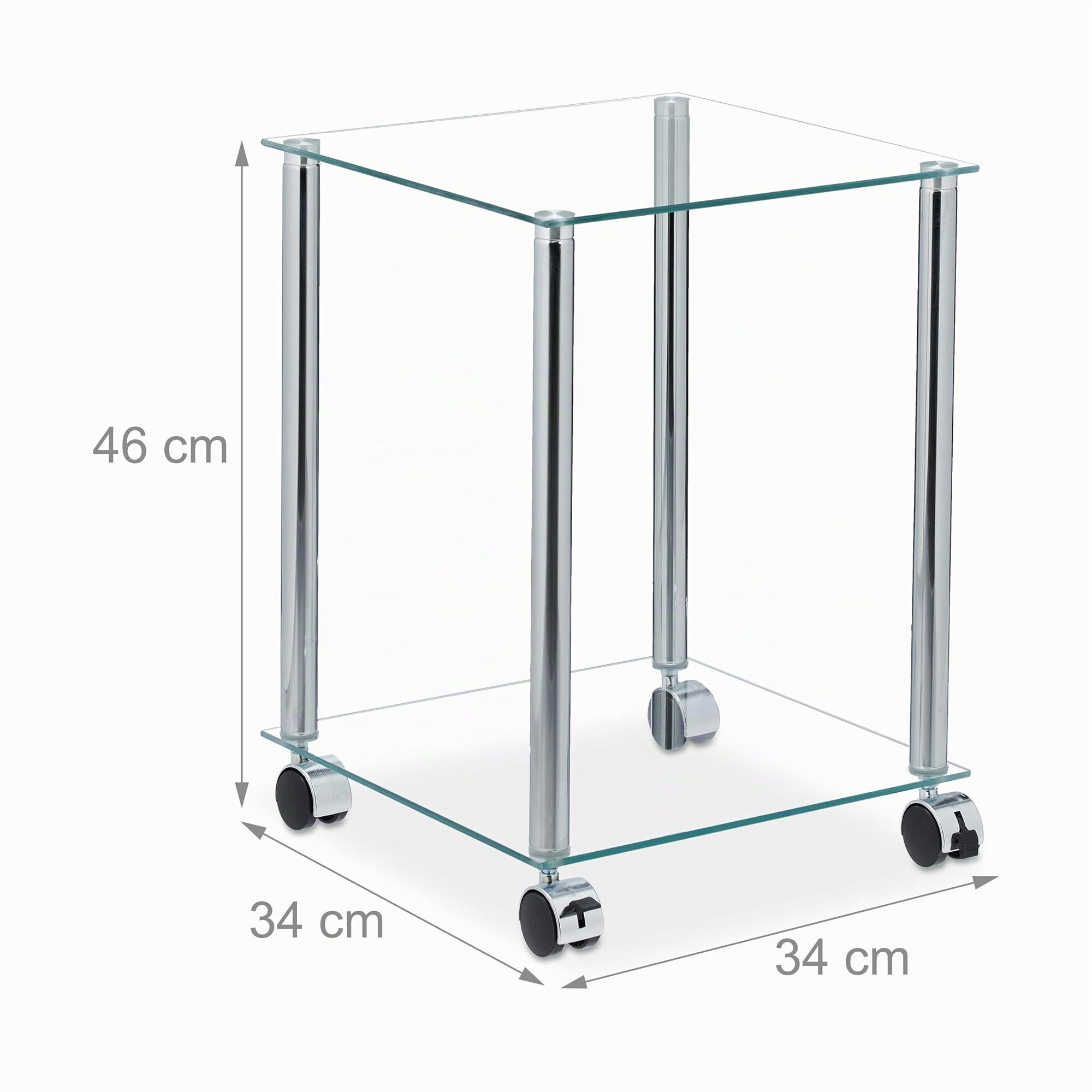 Relaxdays Tavolino con Ruote, 2 Ripiani, Quadrato, per Salotto, Vetro e Acciaio, Tavolo da Divano, Trasparente Argentato