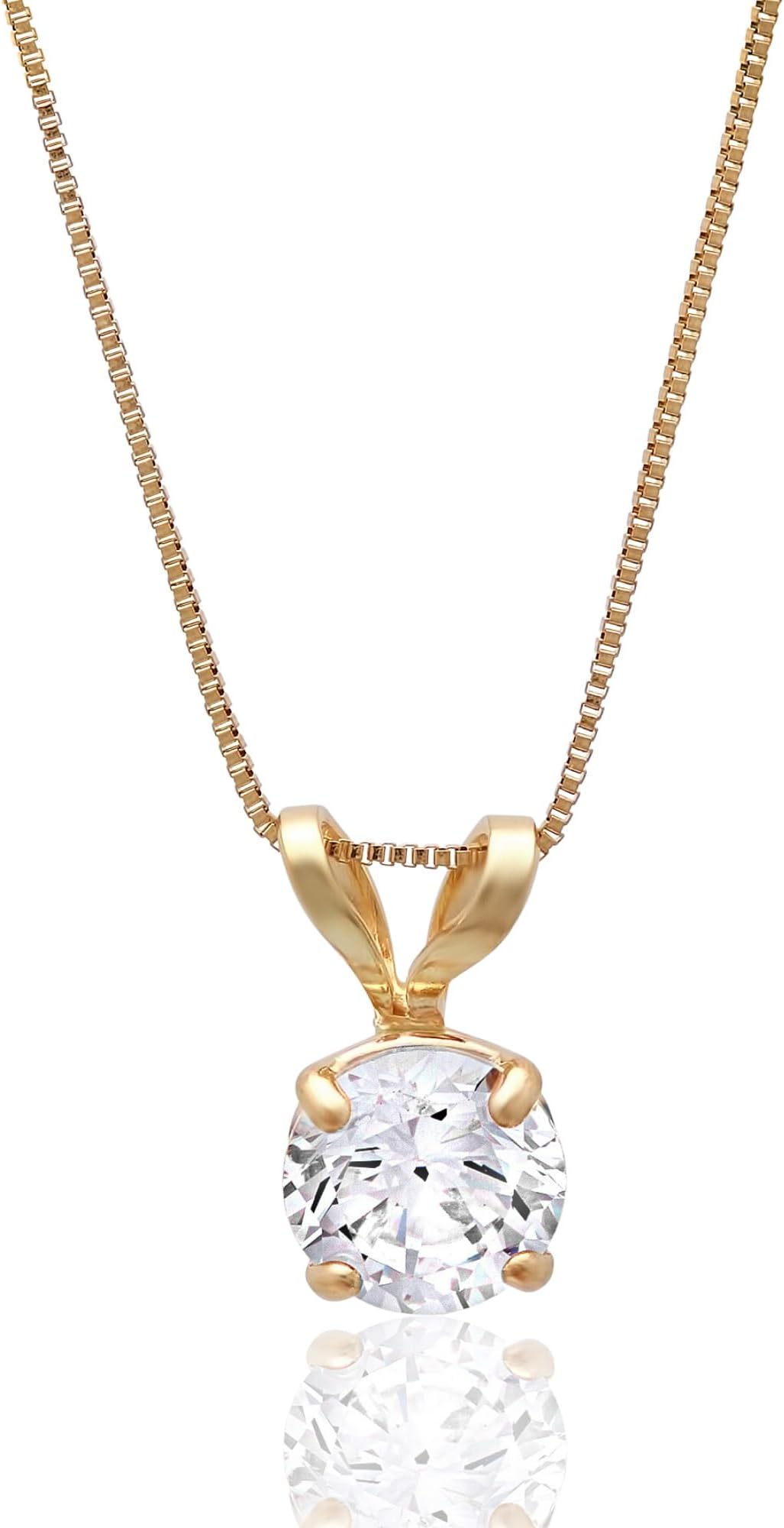 - 14k Gold 8mm Round Solitaire Cubic Zirconia Pendant Necklace for Women with 18 Inch Box Chain