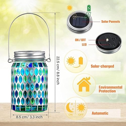 Miniatura 3 de Faroles solares de mosaico para colgar al aire libre, lámparas de mesa solares de metal, luces de mosaico decorativas de vidrio, luces nocturnas
