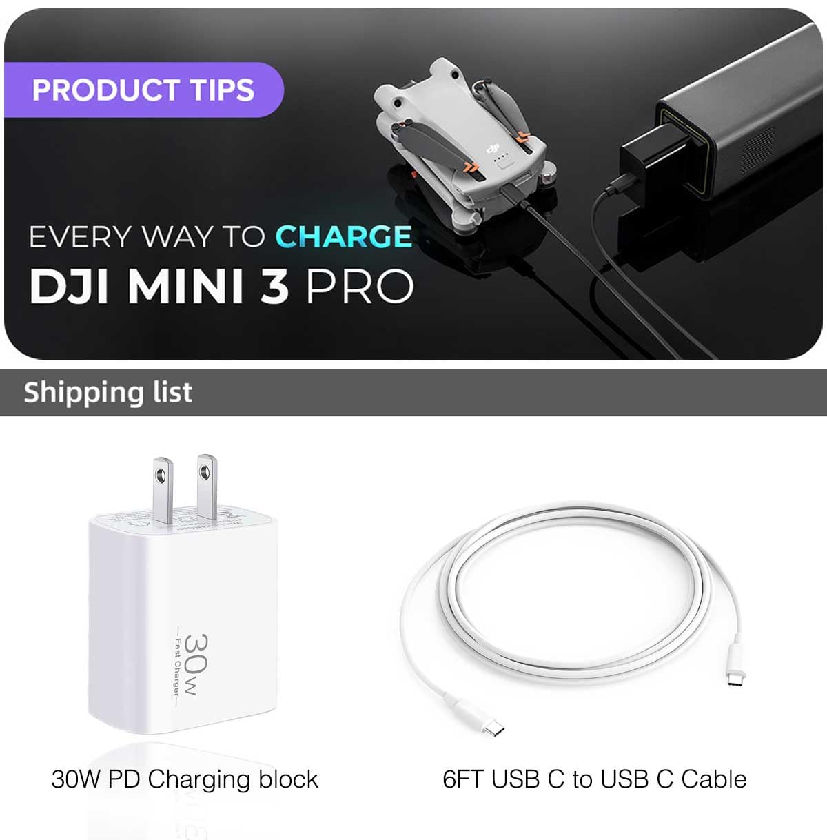 30 W Drohnen-Netzadapter-Ladekabel für DJI Mini 4 Pro, Mini 3 Pro, Mini 3, Zwei-Wege-Lade-Hub, Mini SE, Mini 2, Avata 2, RC-Controller, RS 3 Pro, RS 3, RSC 2, FPV USB C Ladekabel-Zubehör
