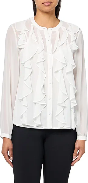 Anne Klein Women's Bttn Frt Cascade Ruffle Long Sleeve Blou